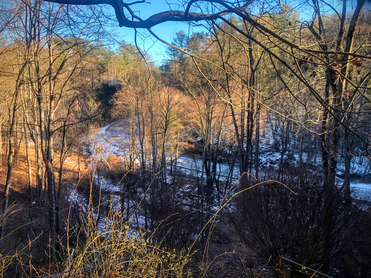 This image captures a sweeping view of the New River framed by tree branches, with distant hills gently rising in the background. The scene exudes tranquility, highlighting the proximity to water and the abundant natural beauty surrounding the area. The peaceful river invites thoughts of kayaking, tubing, fishing, and wildlife observation—activities central to the section's theme.