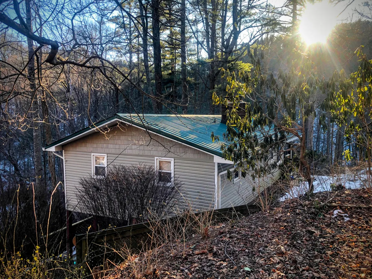 The exterior of the house set among tall trees, with sunlight filtering through the branches. The inviting porch hints at relaxation, while the natural beauty of the surroundings suggests the perfect setting for outdoor activities and peaceful evenings.